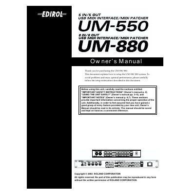 Roland UM-550/UM-880 USB MIDI Interface/MIDI Patcher Owner's Manual - cover page