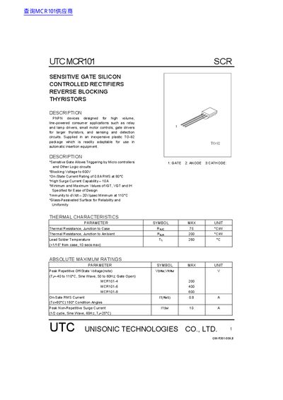 Unisonic MCR101 Sensitive Gate SCR Datasheet - cover page