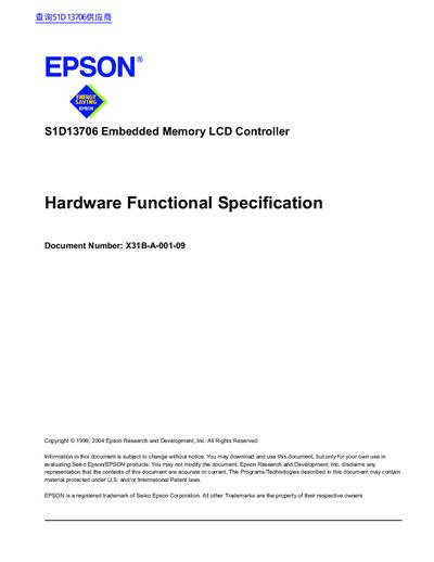 EPSON S1D13706 Embedded Memory LCD Controller Hardware Functional Specification Document Number: X31B-A-001-09 handbook - cover page