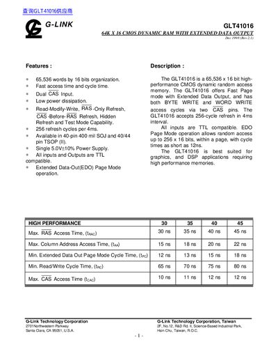 G-LINK GLT41016 64K X 16 CMOS DYNAMIC RAM WITH EXTENDED DATA OUTPUT - cover page