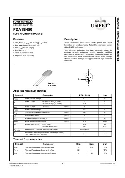Fairchild FDA18N50 N-Channel MOSFET Datasheet - cover page