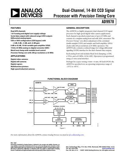 Analog Devices AD9978 Dual-Channel 14-Bit CCD Signal Processor Datasheet - cover page