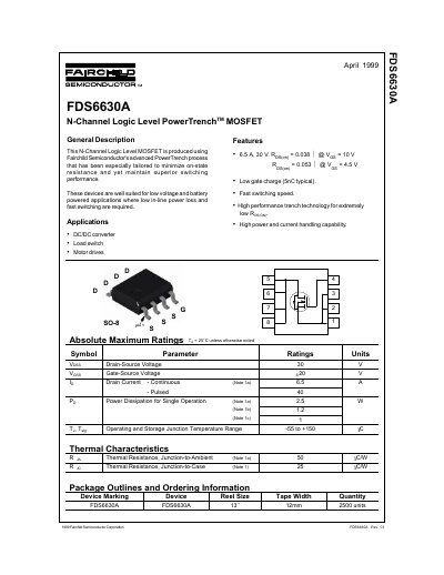 Fairchild Semiconductor FDS6630A N-Channel Logic Level PowerTrench MOSFET Datasheet - cover page
