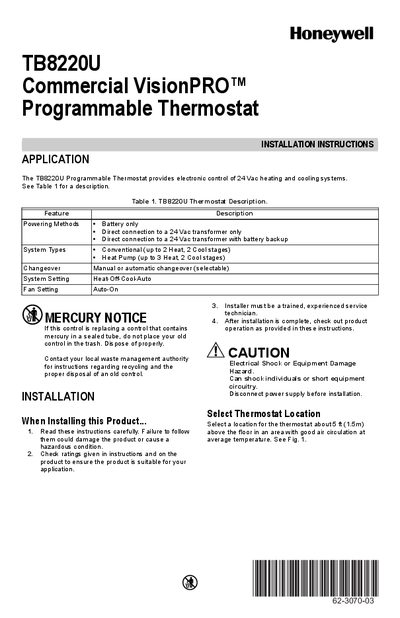 Honeywell TB8220U Commercial VisionPRO Programmable Thermostat User Manual - cover page