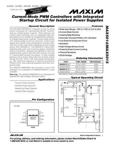 Maxim MAX5014/MAX5015 Current-Mode PWM Controller Datasheet - cover page