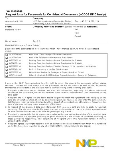 NXP Fax Message Request Form - cover page