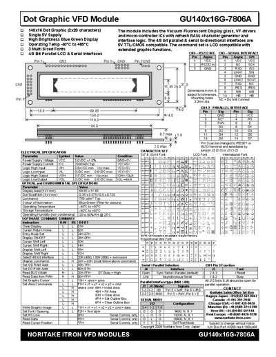 Noritake Itron GU140x16G-7806A Dot Graphic VFD Module User Manual - cover page