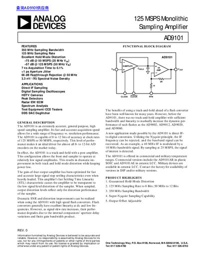 Analog Devices AD9101 Sampling Amplifier Data Sheet - cover page