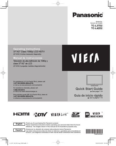 Panasonic TC-L37D2 37-inch LCD HDTV Quick Start Guide - cover page