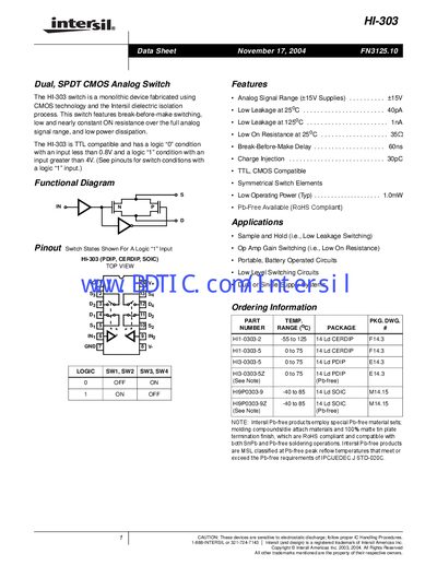 Intersil HI-303 Dual SPDT CMOS Analog Switch Datasheet - cover page