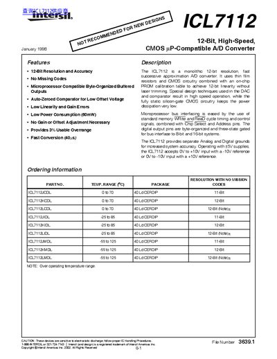 Intersil ICL7112 12-Bit High-Speed CMOS A/D Converter Datasheet - cover page