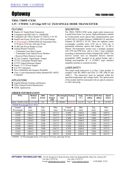 Optoway TRSL-7380W-CXX0 handbook - cover page
