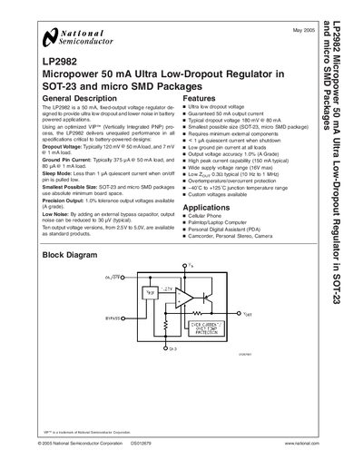 National Semiconductor LP2982 Micropower 50 mA Ultra Low‑Dropout Regulator Datasheet - cover page