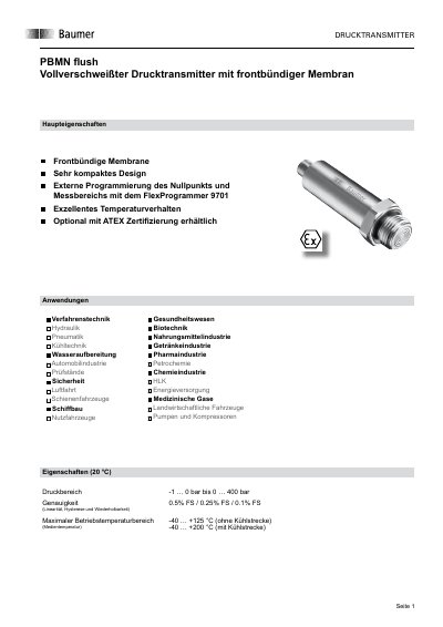 Baumer PBMN flush Pressure Transmitter Datasheet - cover page