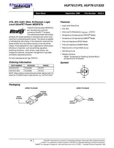 Intersil HUF76121P3/HUF76121S3S N-Channel UltraFET Power MOSFET Data Sheet - cover page