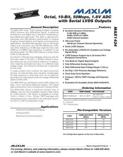 Maxim Integrated MAX1434 Octal 10‑Bit ADC Datasheet - cover page