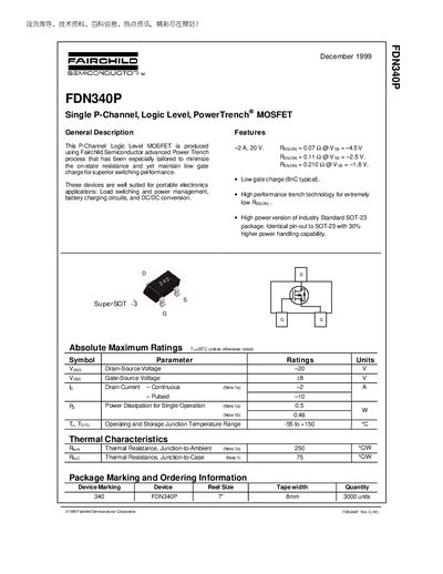 Fairchild FDN340P MOSFET Datasheet - cover page
