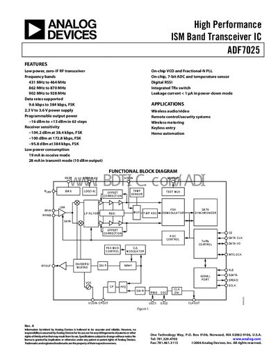 Analog Devices ADF7025 Datasheet - cover page