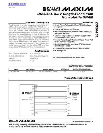 Maxim DS2045L 3.3V Single-Piece 1Mb Nonvolatile SRAM Datasheet - cover page