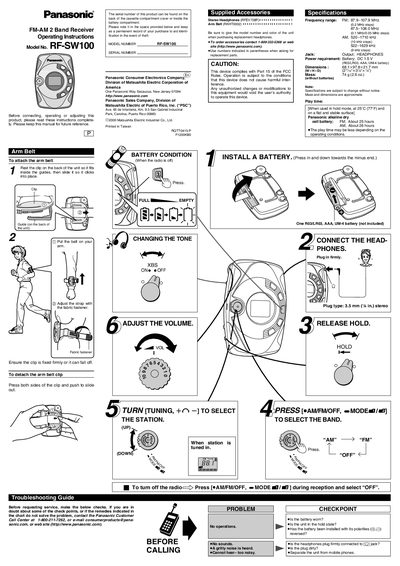 Panasonic RF-SW100 FM-AM Receiver Operating Instructions - cover page