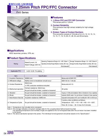 HRS FH3 Series 1.25mm Pitch FPC/FFC Connector - cover page
