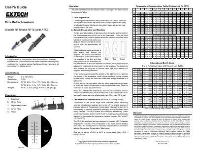 Extech RF10 and RF15 Brix Refractometer User's Guide