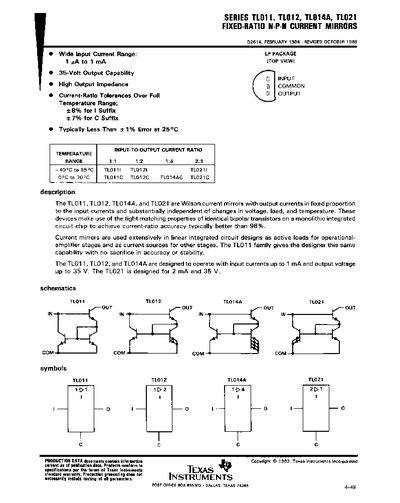 TEXAS INSTRUMENTS TL011 Data Sheet  - cover page