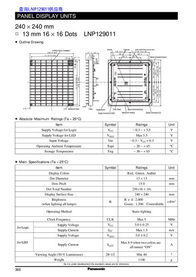 Panasonic LNP129011 Panel Display Unit Datasheet - cover page