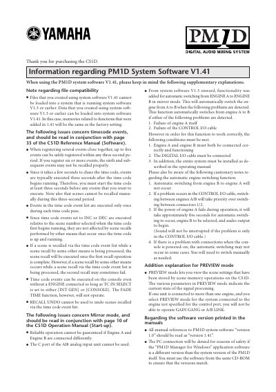 Yamaha PM1D System Software V1.41 Information - cover page