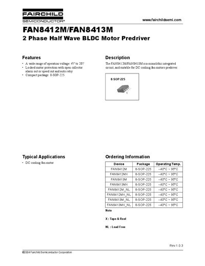 Fairchild FAN8412M/FAN8413M 2 Phase Half Wave BLDC Motor Pre-driver Datasheet - cover page