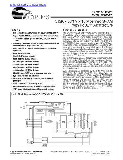 Cypress Semiconductor CY7C1370CV25/CY7C1372CV25 Datasheet - cover page