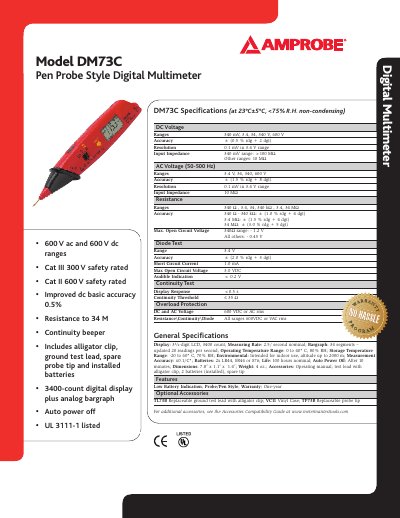 Amprobe DM73C Pen Probe Style Digital Multimeter Manual - cover page