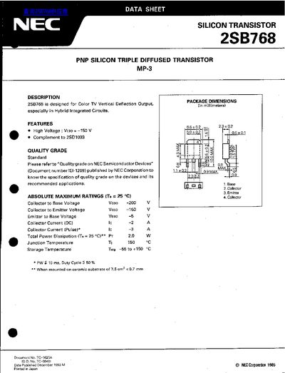 NEC 2SB768 Silicon Transistor Datasheet - cover page