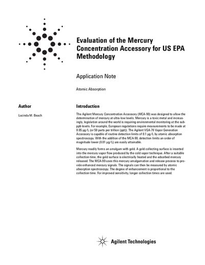 Agilent MCA-90 Mercury Concentration Accessory Application Note - cover page