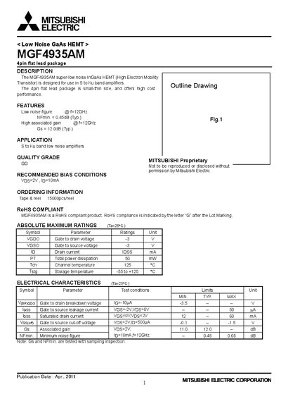 Mitsubishi Electric MGF4935AM Low Noise GaAs HEMT Datasheet - cover page