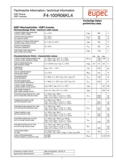 Eupec F4-100R06KL4 IGBT Module Datasheet - cover page