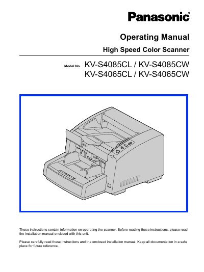 Panasonic KV-S4085CW High Speed Color Scanner Operating Manual - cover page