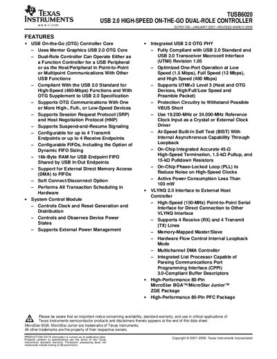 Texas Instruments TUSB6020 USB 2.0 High-Speed On-The-Go Dual-Role Controller Datasheet - cover page