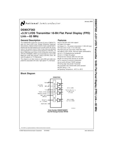 NATIONAL SEMICONDUCTOR DS90CF363 3.3V LVDS Transmitter 18-Bit Flat Panel Display (FPD) Link 65 MHz handbook - cover page