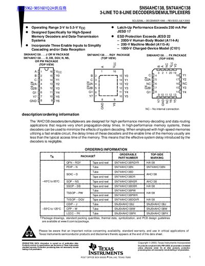 Texas Instruments SN54AHC138/SN74AHC138 3-Line to 8-Line Decoders Datasheet