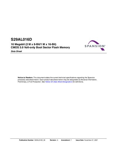 Spansion S29AL016D Flash Memory Datasheet - cover page