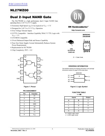ON Semiconductor NL27WZ00 Dual 2-Input NAND Gate Datasheet - cover page
