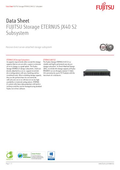 Fujitsu ETERNUS JX40 S2 Storage Subsystem Data Sheet - cover page