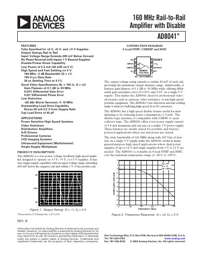 Analog Devices AD8041 160 MHz Rail‑to‑Rail Amplifier with Disable Handbook