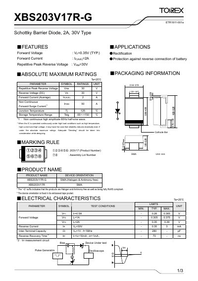 Torex XBS203V17R-G Schottky Barrier Diode Datasheet - cover page