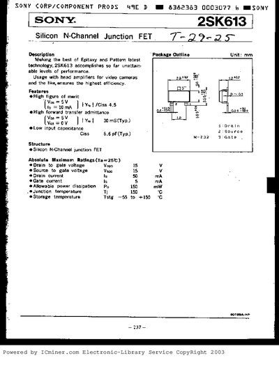 Sony 2SK613 Silicon N-Channel Junction FET Datasheet - cover page