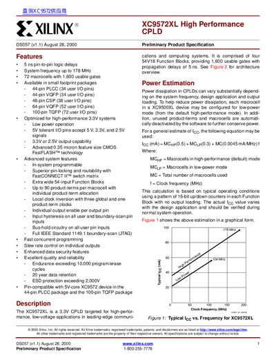 Xilinx XC9572XL High Performance CPLD Preliminary Product Specification - cover page
