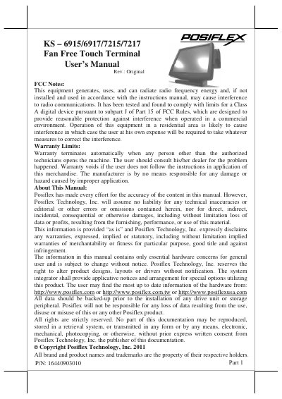 POSIFLEX KS 6915/6917/7215/7217 Fan Free Touch Terminal User Manual Rev.: Original - cover page