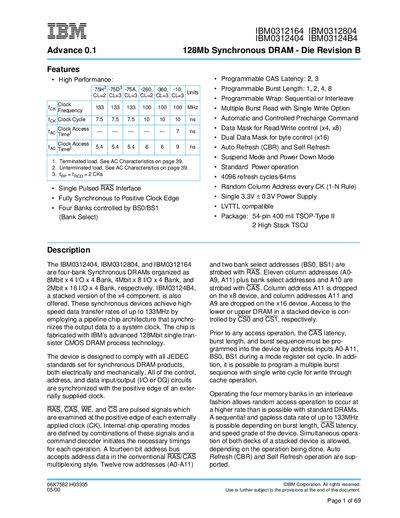 IBM 128Mb Synchronous DRAM Die Revision B User Manual - cover page