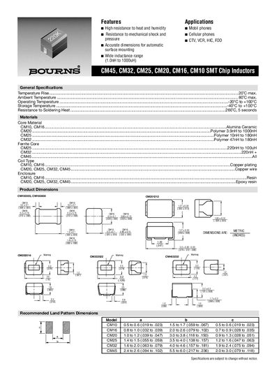 BOURNS CM45 CM32 CM25 CM20 CM16 CM10 SMT Chip Inductors DATA SHEET - cover page